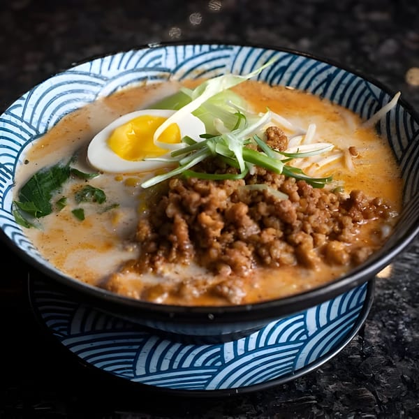 A bowl of ijji Noodle House ramen with minced meat, a soft-boiled egg, and green onions.