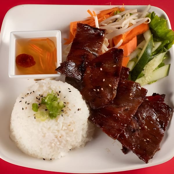 Asian-fusion dish with glazed meat, white rice, and a side salad with dressing on a white plate.