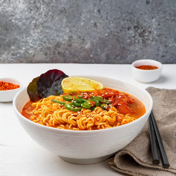 Spicy ramen noodles with kimchi, lime, and green onions in a white bowl with chopsticks.