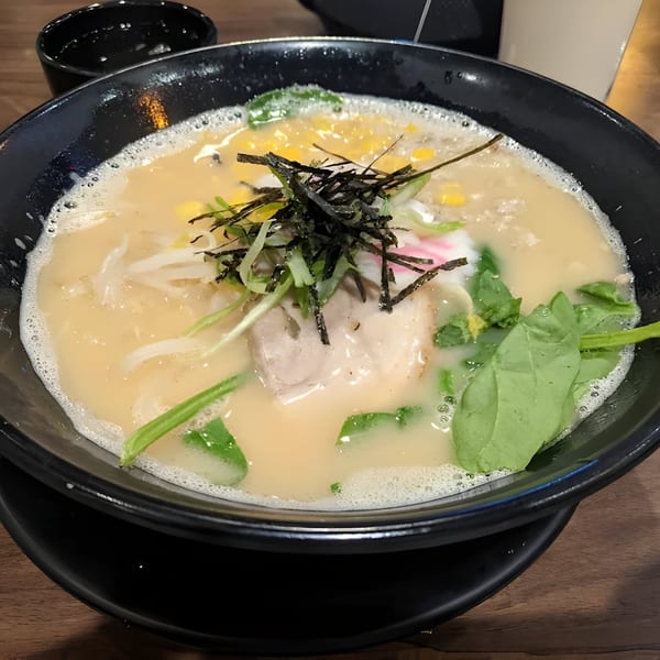 Close-up of a creamy ramen bowl from ijji Noodle House, topped with pork, corn, seaweed, and greens.